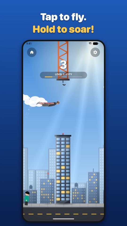 Flying Man Android screenshot: Tap to fly through the city