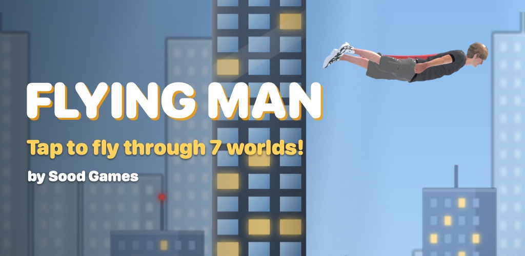 Flying Man flying past tall city buildings